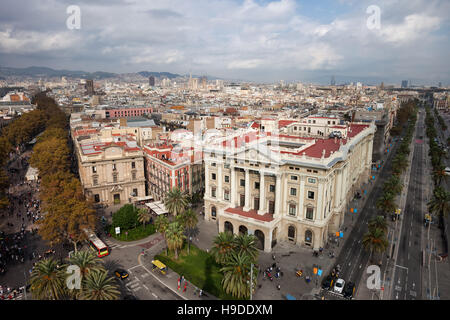 Stadtbild von Barcelona in Katalonien, Spanien, Anzeigen oberhalb des Stadtzentrums, Passeig de Colom Avenue (rechts), La Rambla-Straße (links). Stockfoto