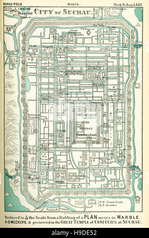 Der Plan der Stadt Suchau, China, ist aus dem Buch von den venezianischen Reisenden Marco Polo, Buch II, Kapitel LXXV, durch Henry Yule übersetzt. Die Karte nach den Noten geschrieben, wurde auf ein Zehntel Ausmaß reduziert und ist gegen eine Reibung eines Plans im Jahre 1248 n. Chr. auf Marmor eingeschnitten und im großen Tempel des Konfuzius an Suchau erhalten. Suchau ist eine Stadt im Westen des heutigen Shanghai. Marco Polo (1254-1324) besuchten die Stadt und kommentiert seine Pracht, einschließlich seiner eleganten Kanälen und Brücken, sowie raffinierte Kaufleute und Philosophen. Stockfoto