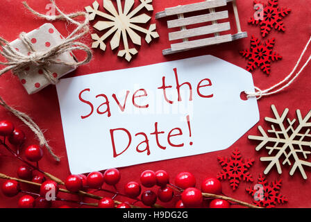 Etikett mit Weihnachtsdekoration, englischen Text Save The Date Stockfoto
