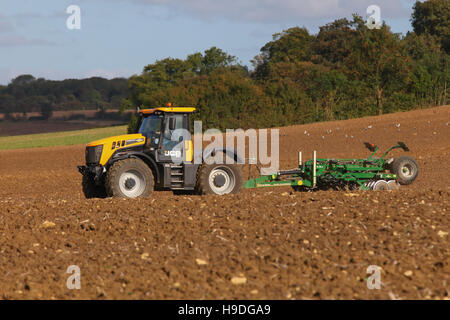 JCB Fastrack, Baureihe 3000, Traktor, Erntegutfeld, Egge, Vorbereitung, Landwirtschaft, Kultur, ländlich, Land, Pflug, Pflug, Landwirtschaft, Ackerbau, fruchtbar, Boden. Stockfoto