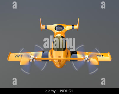 Vorderansicht des gelb autonom fliegenden Drohne Taxi auf grauem Hintergrund isoliert. 3D-Rendering Bild. Stockfoto