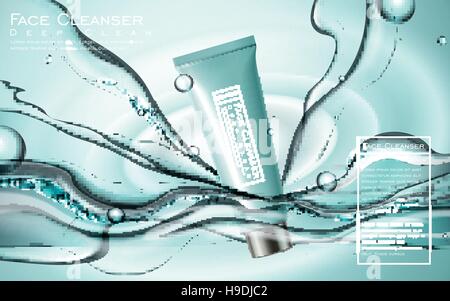 Gesicht Reiniger anzeigen, blauen Kunststoff-Container in 3d Illustration für Werbung oder magazine, dynamisch fließenden Wassereffekte, frische Atmosphäre Stock Vektor