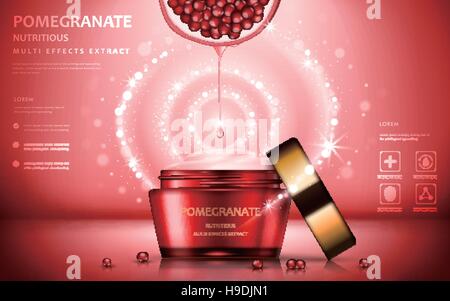 Granatapfel Creme anzeigen, attraktive Frucht Zutaten mit kosmetischen Paket und funkelnde Effekte, 3d illustration Stock Vektor