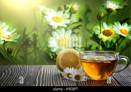 Tasse Kamillentee mit Kamillenblüten und Zitrone Stockfoto