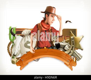 Cowboy-Abenteuer. Westlichen Retro-Stil. Spiel-Logo. 3D Vektor-emblem Stock Vektor