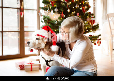 Ältere Frau mit ihrem Hund Eröffnung Weihnachten präsentiert. Stockfoto
