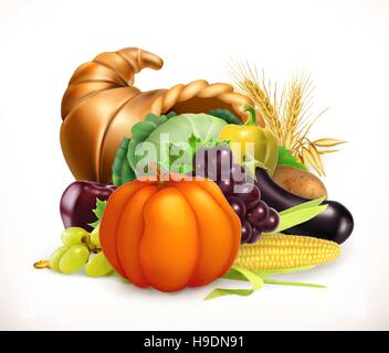Horn des Überflusses. Obst und Gemüse zu ernten. Füllhorn. 3D Vektor icon Stock Vektor