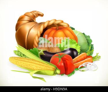 Horn des Überflusses. Gemüse zu ernten. Füllhorn. 3D Vektor icon Stock Vektor