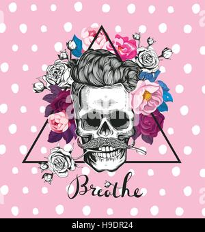 Mode-Illustration abbildenden Schädel. Schädel mit der Rose in seinen Zähnen. Verlaufenden floraler Hintergrund. Einsetzbar für T-shirt-Druck, Karten, Mode Stock Vektor
