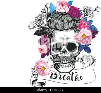 Mode-Illustration abbildenden Schädel. Schädel mit der Rose in seinen Zähnen. Verlaufenden floraler Hintergrund. Einsetzbar für T-shirt-Druck, Karten, Mode-ba Stock Vektor