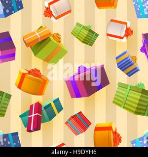Eine Menge von hellen bunten Geschenkboxen auf Retro-Hintergrund, viele Geschenke Musterdesign. Stock Vektor