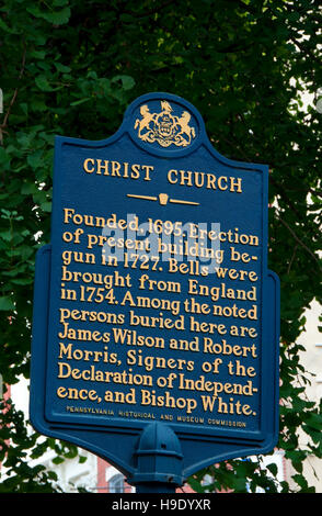 Christ Church Zeichen, Independence National Historical Park, Philadelphia, Pennsylvania Stockfoto