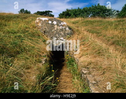 Schmale Vorplatz & Eingang am Ostende des Uley Long Barrow (Hetty Pegler Tump), Gloucestershire, einer neolithischen Cotswold Severn gekammert Grab. Stockfoto