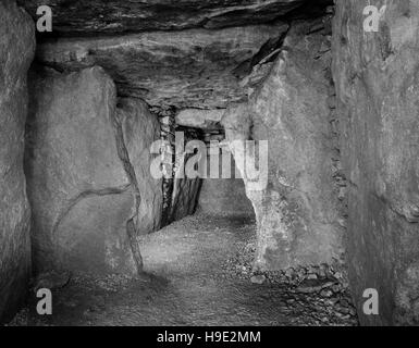 Uley Long Barrow (Hetty Pegler Tump): Ansicht W zentrale Galerie neolithische Grab zeigen einengenden Platten mit terminal Kammer hinaus. Stockfoto