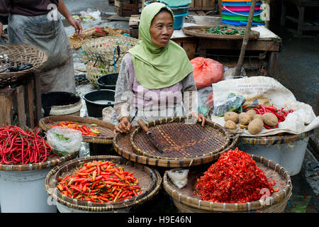 Indonesierin Verkauf verschiedener Chilischoten auf dem Markt in Semarang. 9. Januar 2014 - Java, Indonesien Stockfoto