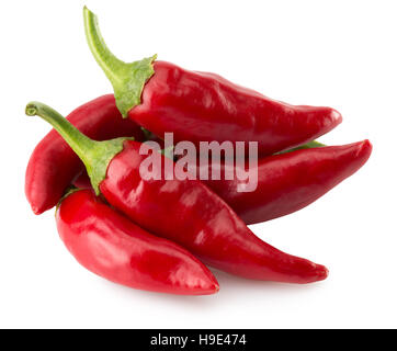 rote Chilischoten auf dem weißen Hintergrund isoliert. Stockfoto