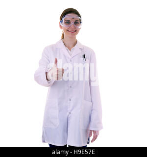 Assistentin-Wissenschaftler im weißen Kittel über isolierte Hintergrund Stockfoto