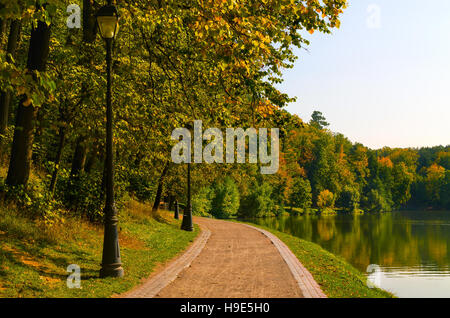 Bunter Herbst Parklandschaft mit einem Pfad entlang einem Teich und Bäumen durch warmes Sonnenlicht beleuchtet. Stockfoto