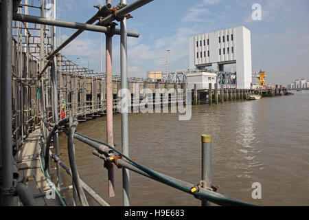 Wartungsarbeiten erfolgt die Unterstützung der Fahrzeugträger Woolwich Fähre in der Gezeiten-Themse Betonrahmen Stockfoto