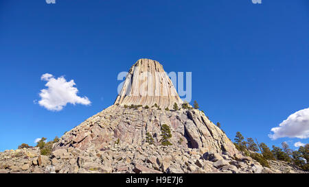 Panorama-Bild von den Devils Tower, bestehend aus einer Laccolith Butte Eruptivgestein in den Bear Lodge Bergen, Nationaldenkmal in Wyoming, USA. Stockfoto