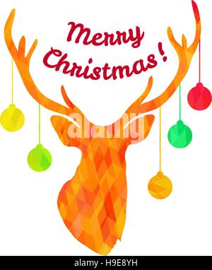 Bunte strukturierte Sillhouette der Hirschkopf mit Weihnachtsbaum-Spielzeug auf Hörner und Text Merry Stock Vektor