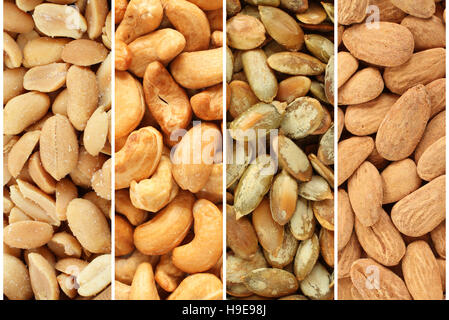 Geröstete und gesalzene Nüssen und Samen Collage - Mandeln, Kürbiskerne, Erdnüsse, Cashew-Nüssen Stockfoto