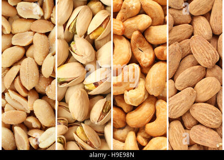 Geröstete und gesalzene Nüssen und Samen Collage - Mandeln, Cashewnüsse, Erdnüsse, Pistazien Stockfoto