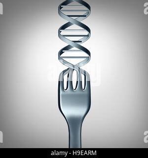 DNA-Essen und gentechnisch veränderte Lebensmittel-Konzept als Metall Menuegabel in Form einer Doppelhelix als Symbol für gen veränderte Ernährung oder Essen ein Stockfoto