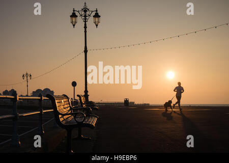 Eine Frau mit ihrem Hund entlang der Promenade in Southsea, Portsmouth laufen. Stockfoto