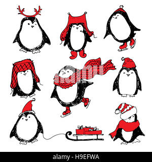 Niedliche handgezeichnete Pinguine Set. Frohe Weihnachtsgrüße Stockfoto