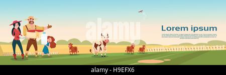 Bauern Familie Kühe frische Milch Milchprodukte Eco Banner Landwirtschaft Stock Vektor