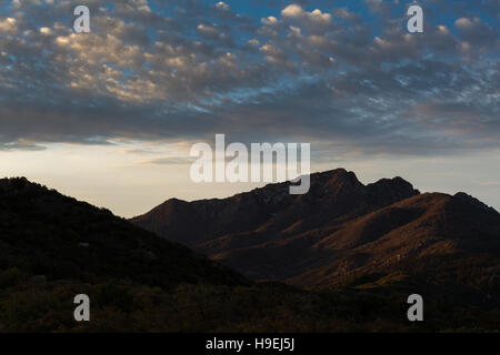 Sunrise leuchten die vier Spitzen und die Wolken über den Mazatzal Mountains. Tonto National Forest, Arizona Stockfoto