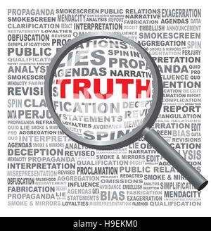 Das Wort Wahrheit verborgen in einem Feld von Anti-ehrlichen Text vor einem weißen Hintergrund. Mit einer Lupe enthüllt Stockfoto