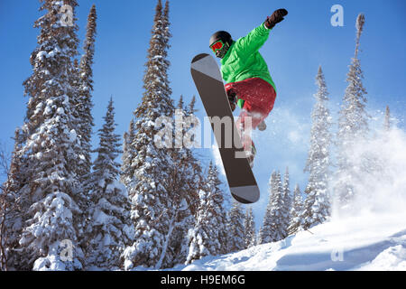 Snowboarder springt Freeride Pulver Wald Stockfoto
