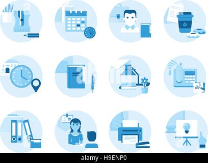 Set von Icons auf ein Thema Büro, Arbeit, Management. In einem flachen Stil gemacht. Stock Vektor