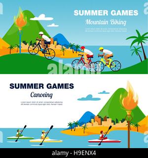 Bunte Illustration für Radfahren und Kanufahren. Flache Vektor Banner. Stock Vektor