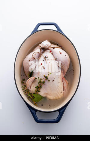 Rohe ganzes Huhn im Topf Stockfoto
