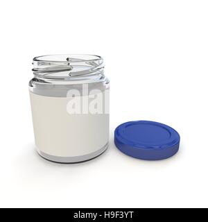 Leeren offenen Tiegels mit dem Label für Babynahrung, Pürees, Müsli, Marmeladen und andere Produkte. Isolierten weißen Hintergrund. 3D illustration Stockfoto