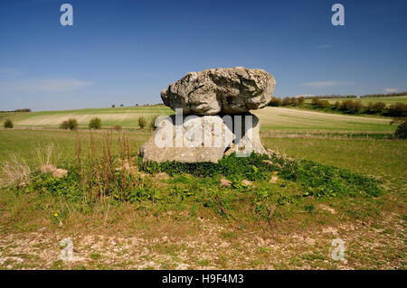 Des Teufels Höhle, die Reste von eine neolithische Grabkammer (oder Dolmen) auf Fyfield unten. Stockfoto