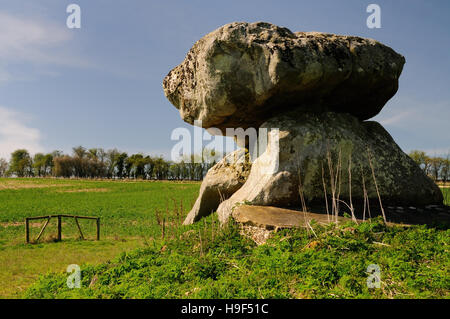 Des Teufels Höhle, die Reste von eine neolithische Grabkammer (oder Dolmen) auf Fyfield unten. Stockfoto