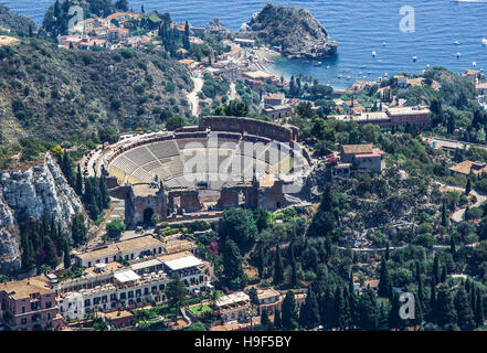 Luftaufnahme des griechischen Theater von Taormina Sizilien Stockfoto