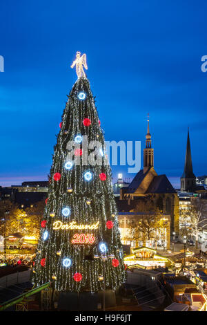 Dortmund / Deutschland, 22. November. 2016 - die weltweit größte Weihnachtsbaum - gemacht von 1700 rote Fichte und mit einer Höhe von 45 Metern, der Dortmunder Weihnachtsbaum auf dem Weihnachtsmarkt ist der größte seiner Art weltweit. Eine beleuchtete Trompete Engel an der Spitze, Akrobate mit 48,000 LED-Lampen und dekoriert mit großen rot und Gold farbigen Kugeln, zieht der Baum Besucher aus der ganzen Welt in seinem 20. Jahr. -© Friedrich Stark / Alamy Live News Stockfoto