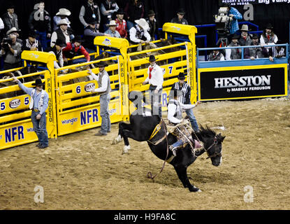 Las Vegas Nevada, Dezember 2015 - Bronco Reiten an der nationalen Rodeo Finale NFR Stockfoto