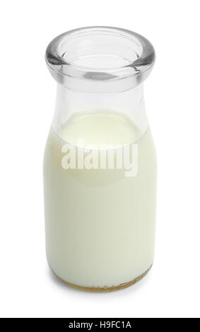 0,33 Glas Milchflasche auf weißem Hintergrund. Stockfoto