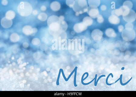 Danke Blue Bokeh Weihnachten Hintergrund, Schnee, Merci Mittel Stockfoto