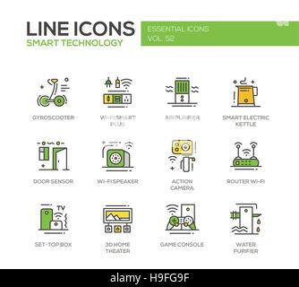 Smart-Technologie - moderne Vektor-Line-Design-Ikonen und Piktogramme festgelegt. Gyrosooter, intelligente Stecker, Luft, Wasser, Luftreiniger, intelligente Wasserkocher, Tür-sensor Stock Vektor