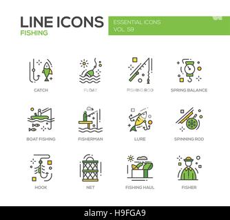 Angeln - moderne Vektor-Icons und Piktogramme Designset der Linie. Fang, Float, Stab, Federwaage, Boot, Angler, Köder, drehenden Haken net Hol Stock Vektor