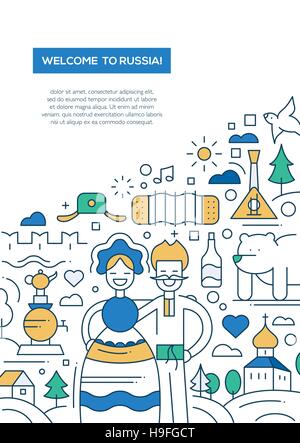 Herzlich Willkommen Sie in Russland - Vektor Linie Design Broschüre Poster, Flyer-Präsentationsvorlage, A4-Größe-Layout. Nationale russische Symbole Stock Vektor