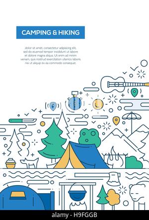 Caping und Wandern - Vektor-Linie Design Broschüre Poster, Flyer-Präsentationsvorlage, A4-Größe-Layout. Stock Vektor