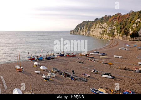 Angelboote/Fischerboote am Strand von Bier Devon West Country UK November 2016 Stockfoto